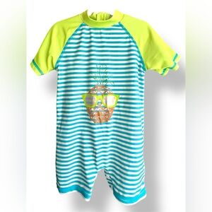 EUC Blue & White Striped Infant Swim Romper; Green Accents w/ Zipper (12-18 mos)